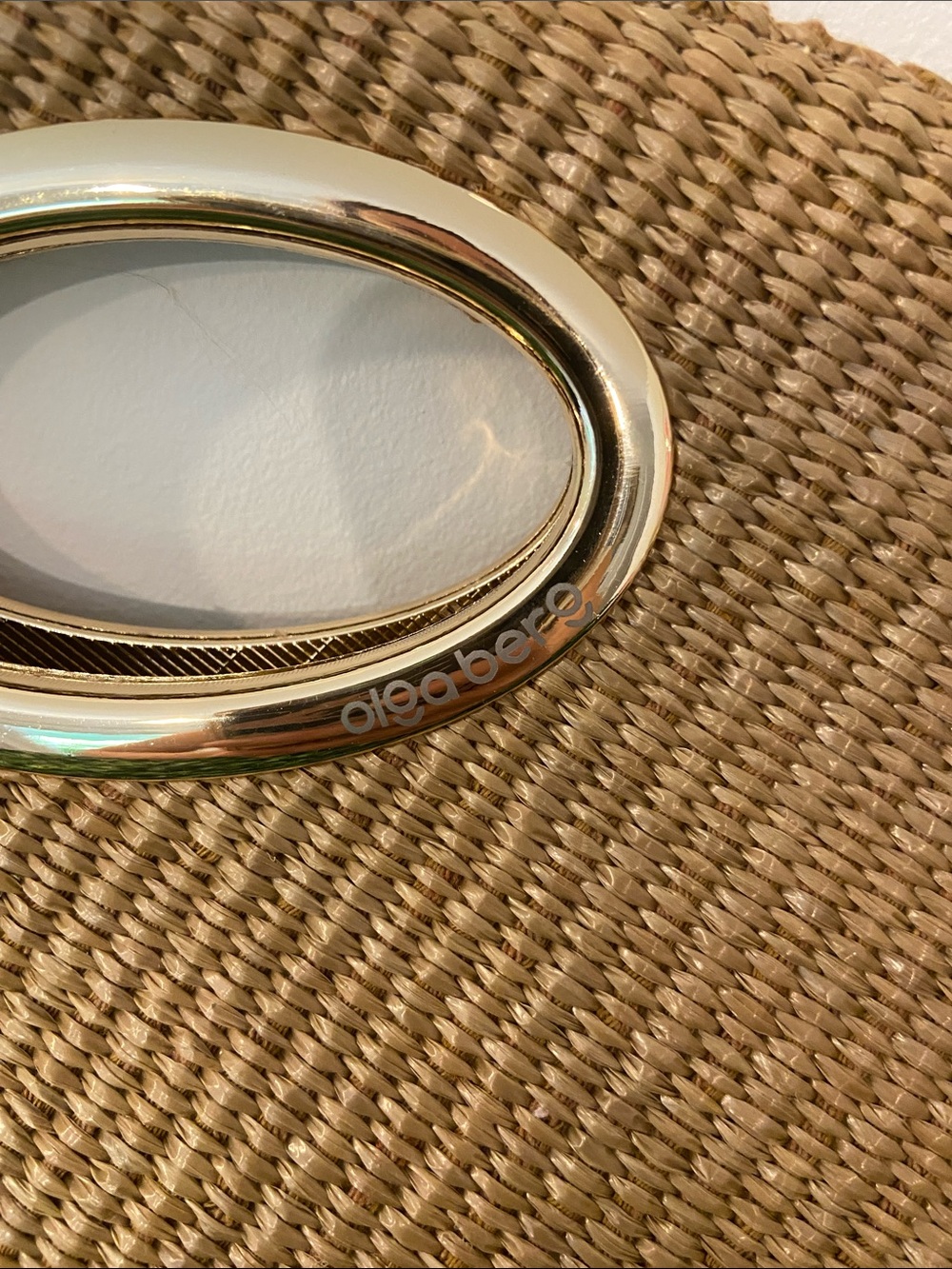 Olga Berg Tan Woven Half-Moon Clutch with Gold Oval Handle - Picture 2 of 7